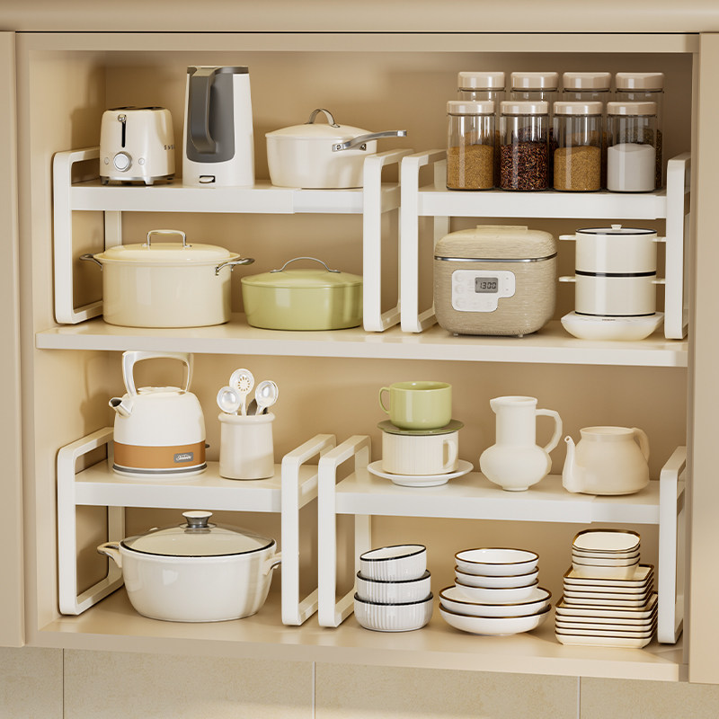 可伸缩厨房桌面置物架台面分层隔板架橱柜内碗碟调味料收纳小架子