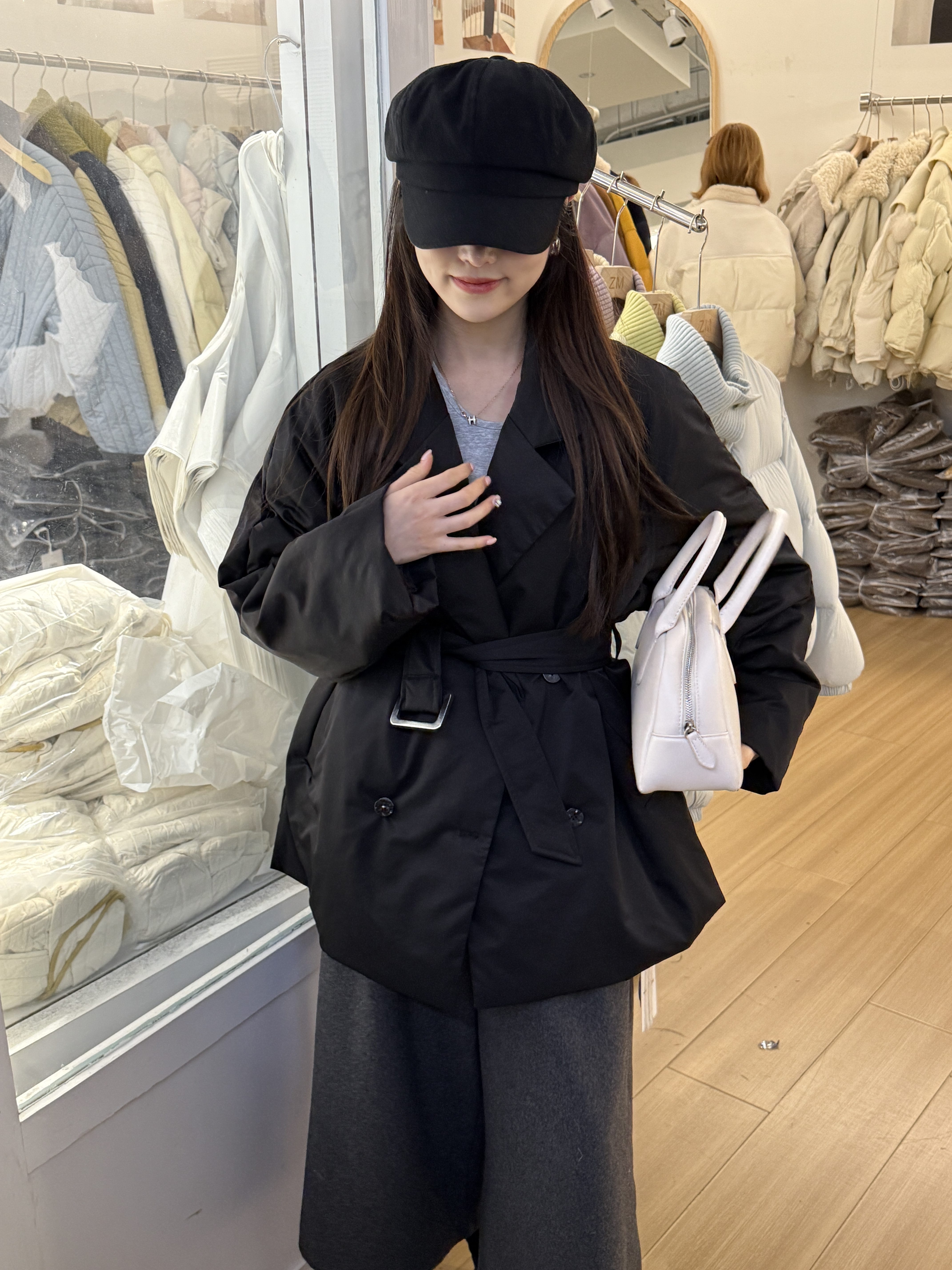 Wwhit屋白里2025秋新款时尚百搭宽松显瘦西装领系腰带收腰款羽绒
