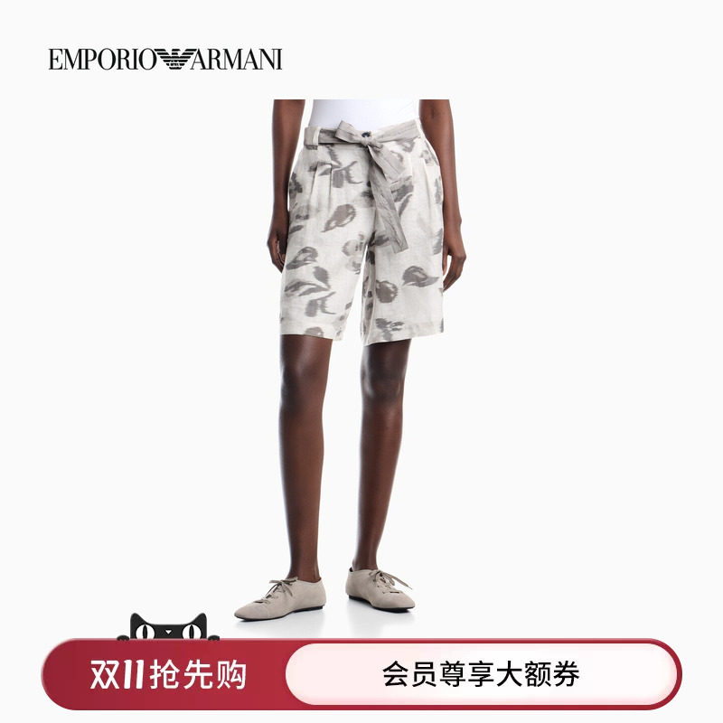 EMPORIO ARMANI/阿玛尼秋冬新款女士松弛感系绳亚麻百慕大短裤