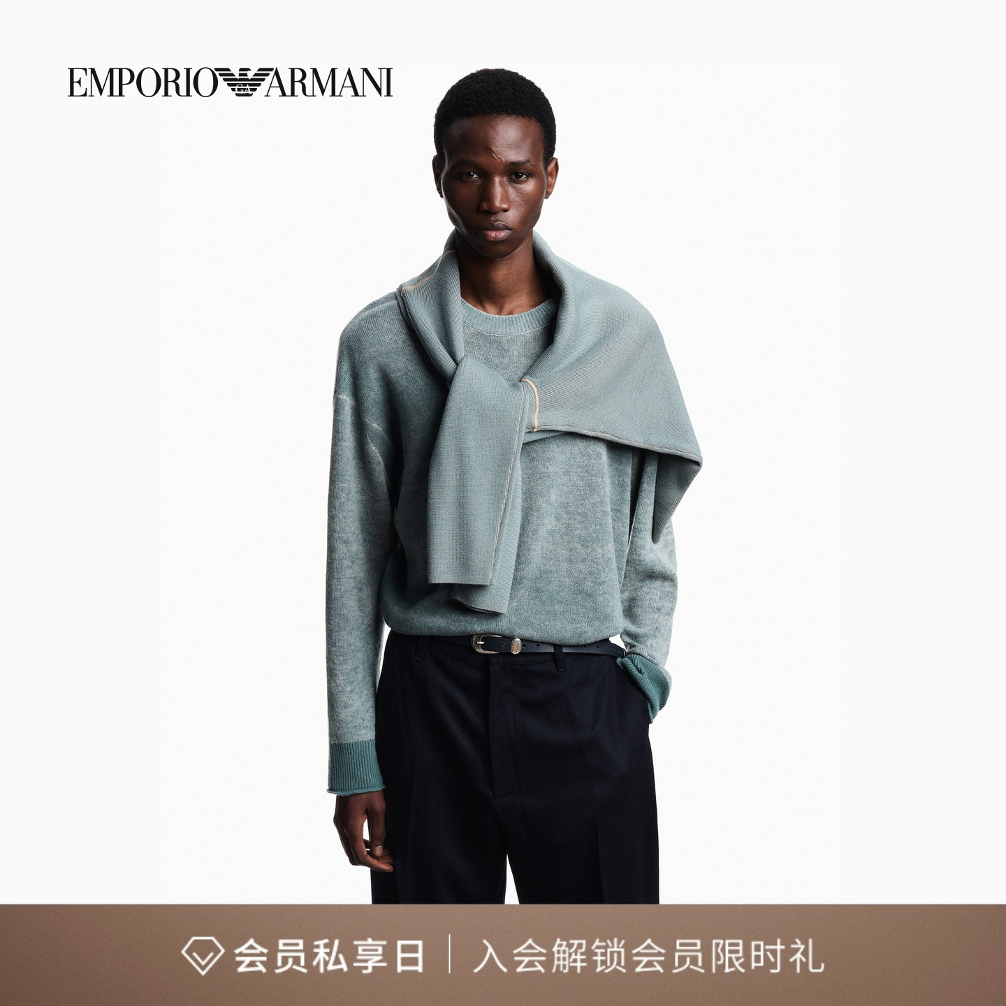 阿玛尼男士绵羊毛圆领套头毛衣