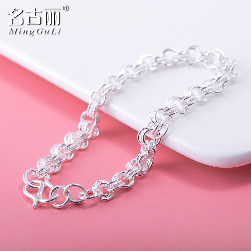 纯银手链女S990足银三圈多层扣环手链粗圆圈圈银手链o字链送女友