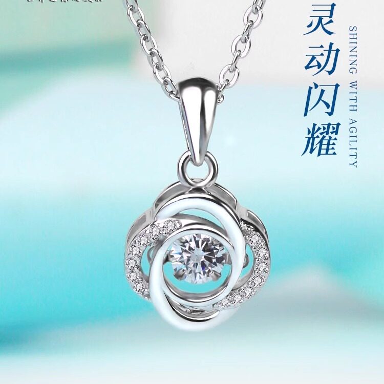 跳动的心925纯银玫瑰花吊坠项链女银镀18k玫瑰金白金银链子送女友