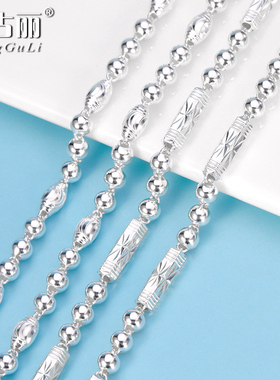 霸气纯银项链潮男士六角三珠链橄榄形白银珠链加粗款足银链子银饰