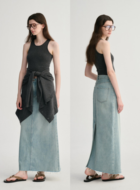 MAISON CECILE 复古天然牛仔棉干爽舒适后开叉高腰半身裙