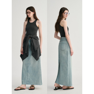 MAISON 复古天然牛仔棉干爽舒适后开叉高腰半身裙 CECILE