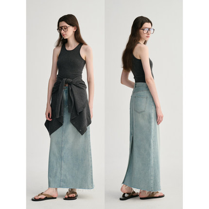 MAISON CECILE 复古天然牛仔棉干爽舒适后开叉高腰半身裙
