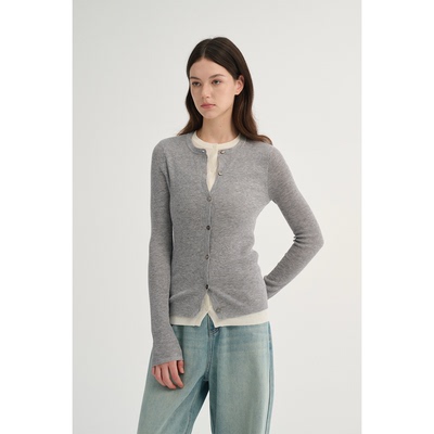 MAISON CECILE 两色/羊毛修身显瘦撞色假两件针织毛衣开衫