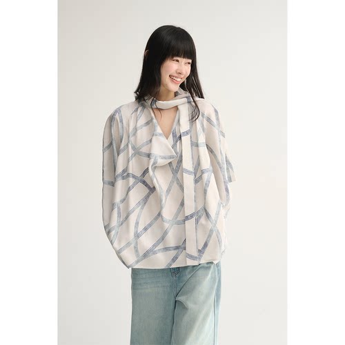 MAISON CECILE设计师花纹桑蚕丝设计感不规则树枝线条飘带衬衫