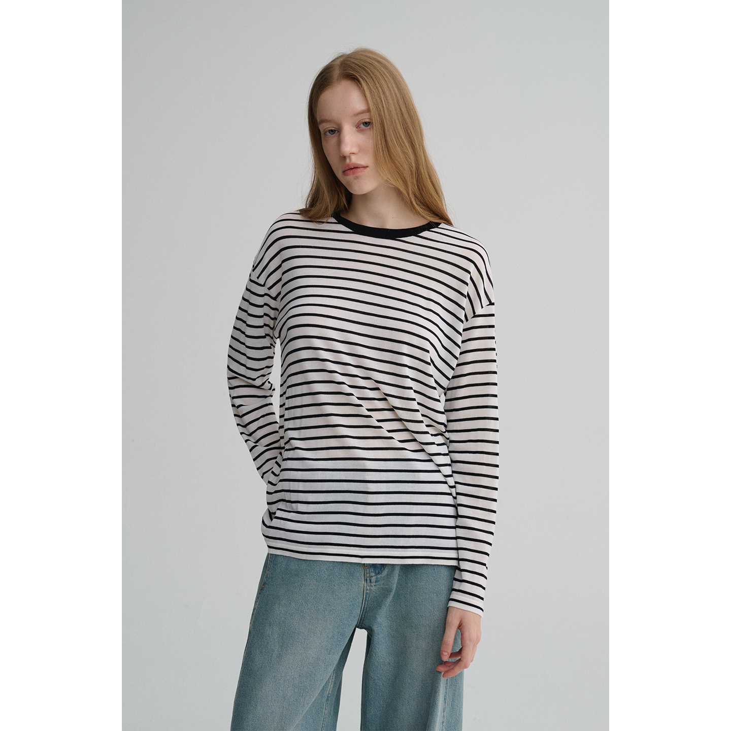 MAISON CECILE 全羊毛软糯舒适黑白条纹宽松休闲感针织毛衣