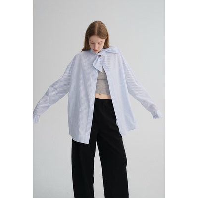 MAISON CECILE 经典条纹美国匹马棉设计感兔耳朵领结宽松长袖衬衫