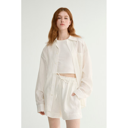 MAISON CECILE 亚麻肌理感清爽透气宽松简约男友风翻领百搭白衬衫