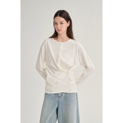 MAISON CECILE 三色/针织亚麻设计感两穿斜门襟开衫上衣