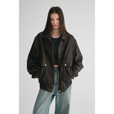 MAISON CECILE 复古飒爽时髦不费力蛋白皮宽松夹克皮衣外套