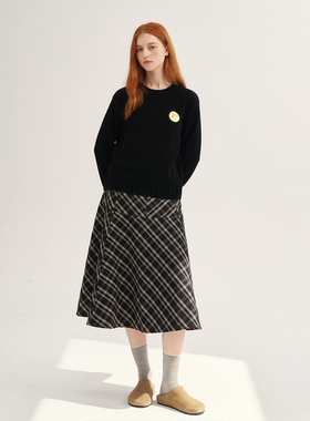MAISON CECILE复古格纹A摆比例分割线高腰半身裙