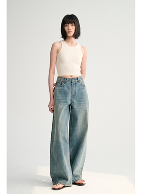 MAISON CECILE雅痞街头风格阔腿牛仔高腰直筒裤