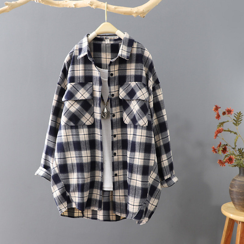 韩范长袖外套女2021春秋新品中长款格子衬衫宽松衬衣休闲上衣开衫