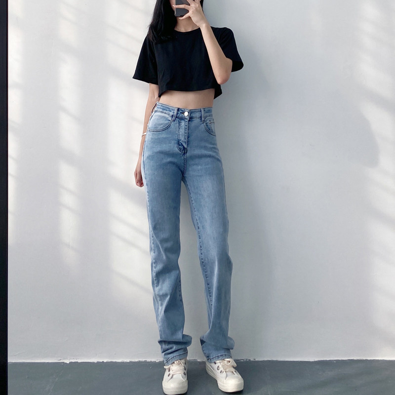 2020年早秋新款韩版高腰显瘦显高黑色弹力修身直筒牛仔裤女长裤子
