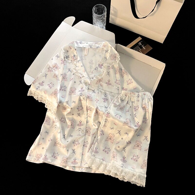 冰丝睡衣女夏季薄款开衫短袖短裤卡通蕾丝花边家居服夏天两件套装