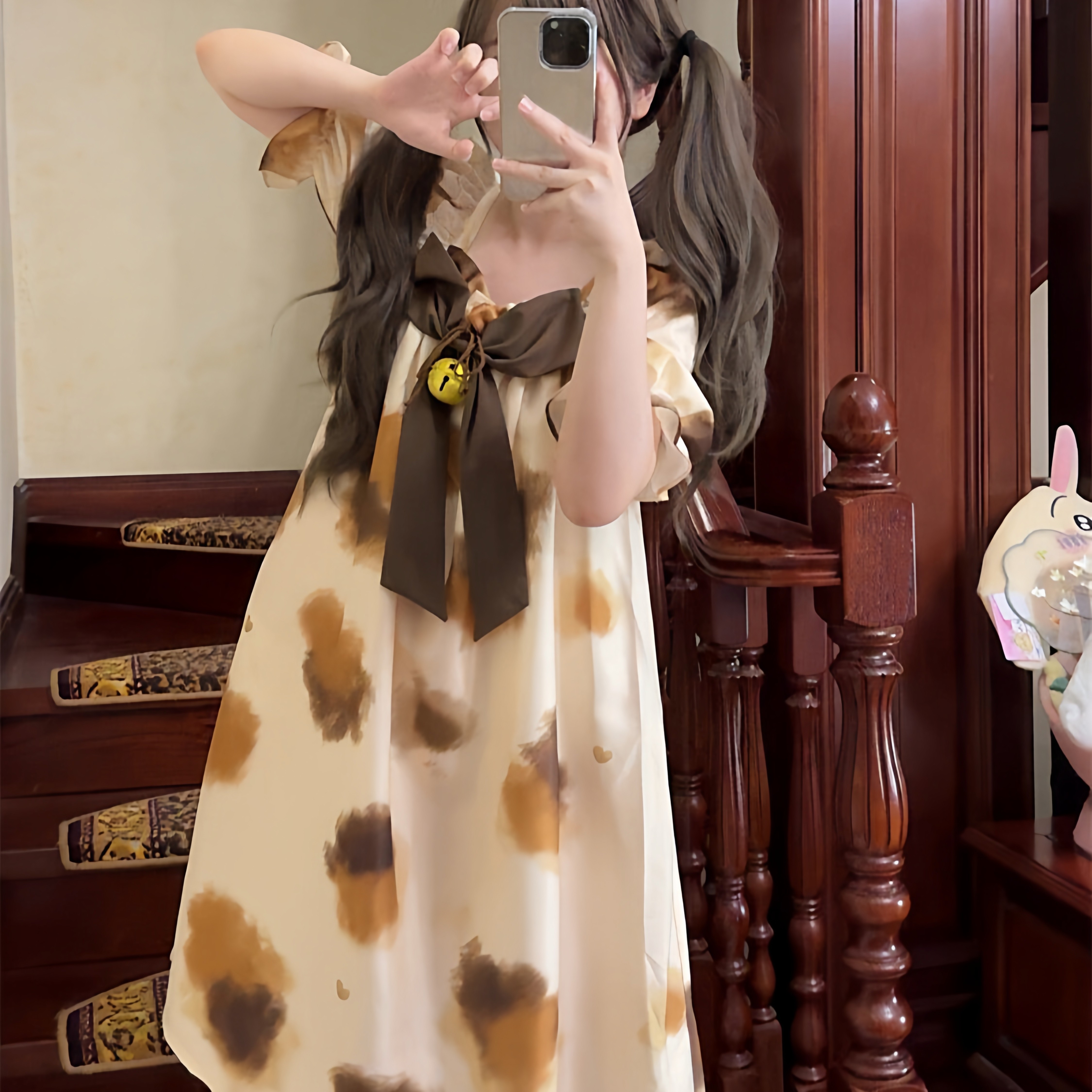 带胸垫睡裙女夏季薄款短袖学生甜妹日系少女可爱三花猫洛丽塔睡衣