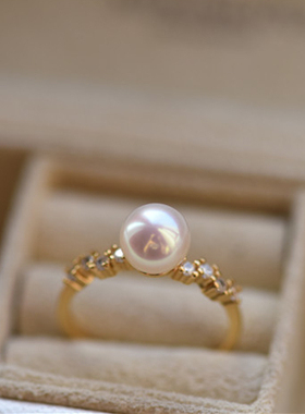 珍珠戒指纯银带钻天然淡水正圆无暇强亮光开口可调节个性精致包邮