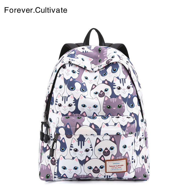 印花双肩包女百搭 韩版猫咪潮大容量旅行包书包中学生运动休闲包