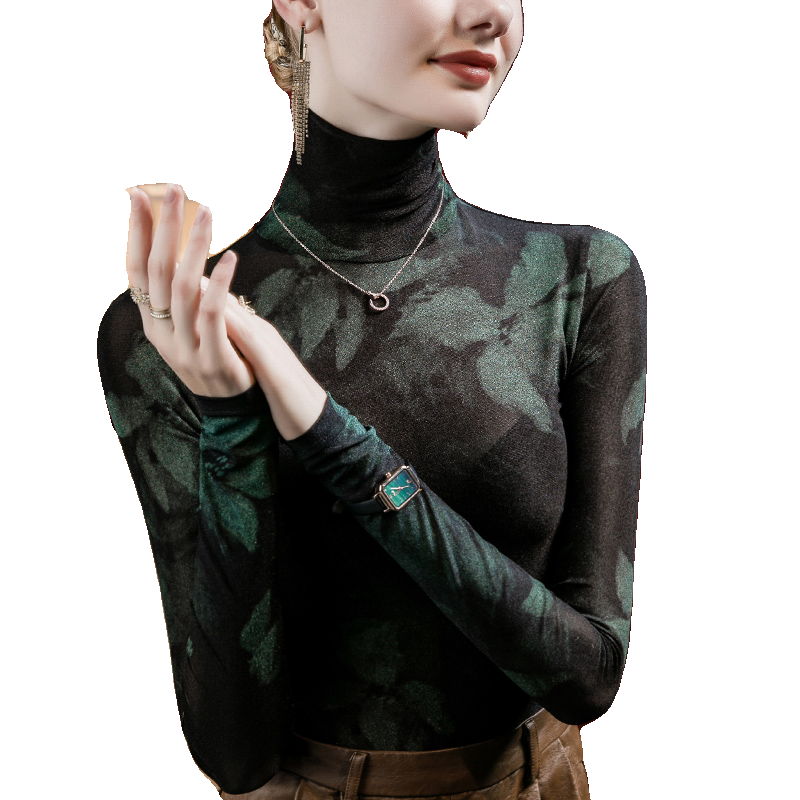 2025秋冬堆堆领扎染印花网纱打底衫女内搭女装洋气冬季加绒上衣