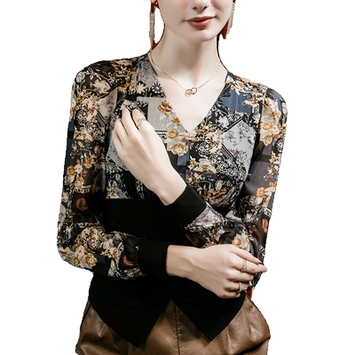 复古印花V领网纱拼接打底衫女