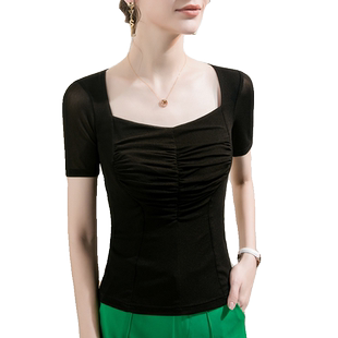 2025秋季新款方领网纱打底衫女短袖修身纯色夏装淑女上衣百搭小衫