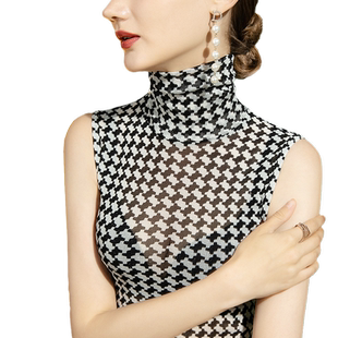 2025秋季高领蕾丝打底衫女无袖网纱千格鸟亮丝内搭性感透视背心