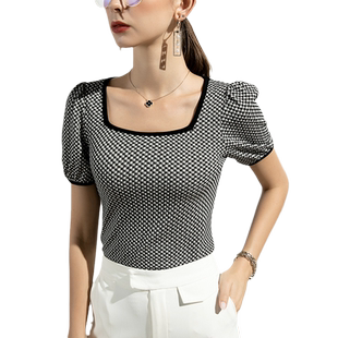 2026秋季方领格子T恤女短袖修身灯笼袖洋气欧洲站上衣气质小衫