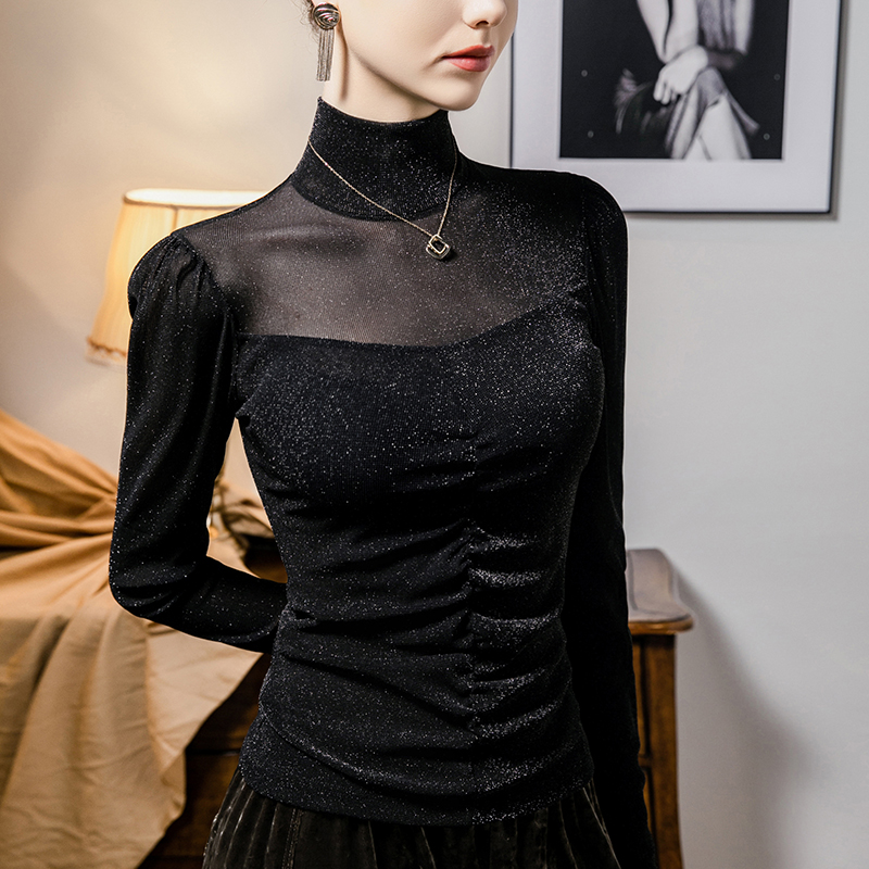 立领亮丝网纱打底衫女褶皱