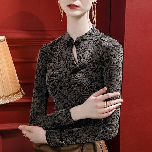 盘扣旗袍领植绒蕾丝复古上衣女