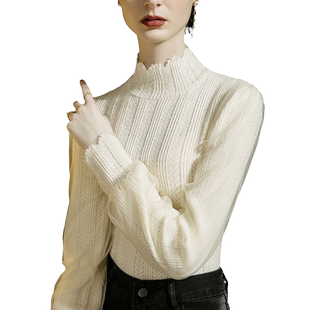 2026春季新款磨毛立领蕾丝打底衫女修身泡泡袖春款内搭洋气小衫