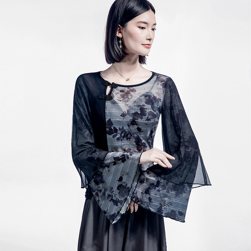 2024秋季国风盘扣中式网纱舞蹈上衣女双层拼接喇叭袖印花练功服,女装/女士精品,民族服装/舞台装,淘宝优惠券,粉丝福利购,淘宝优惠卷