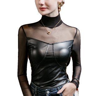 2026秋季新款半高领网纱拼接PU皮打底衫女修身女装T恤性感上衣