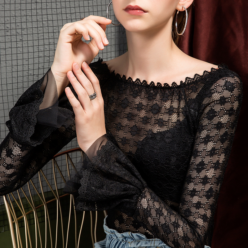 欧洲站打底衫女洋气网纱小衫蕾丝