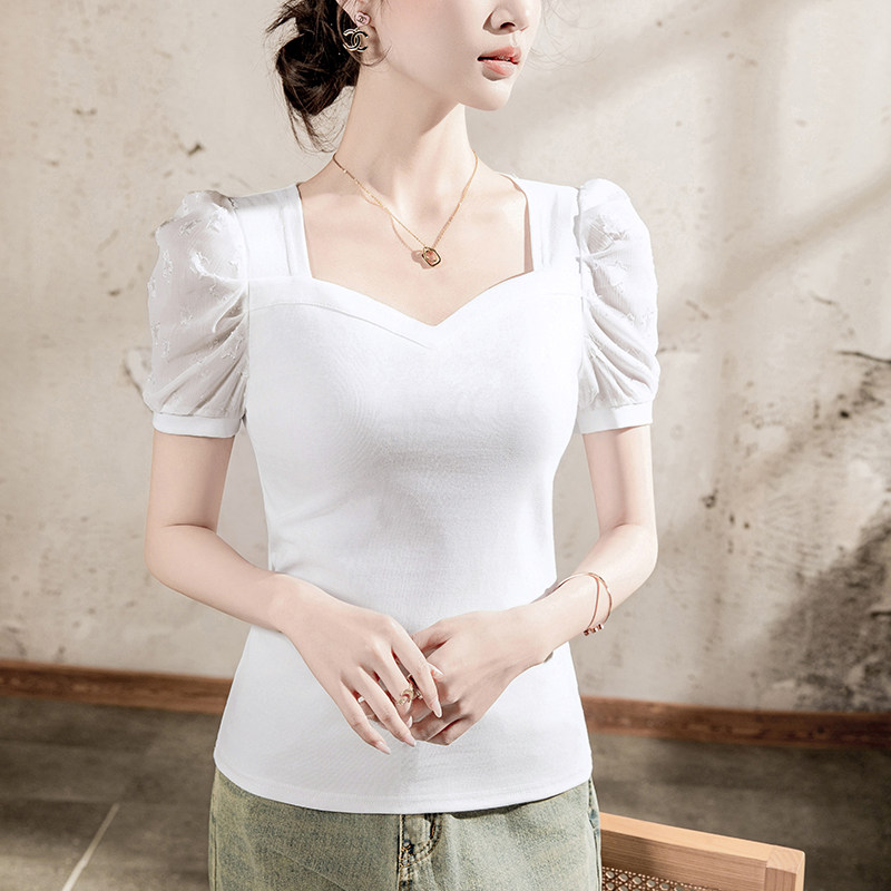 2025秋季新款方领泡泡袖T恤女短袖提花拼接袖口女装气质棉t小衫,女装/女士精品,T恤,淘宝优惠券,粉丝福利购,淘宝优惠卷