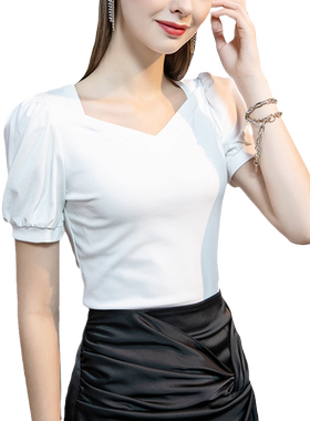 2026春季法式方领T恤女灯笼袖纯色泡泡袖春款短袖棉t女人味上衣