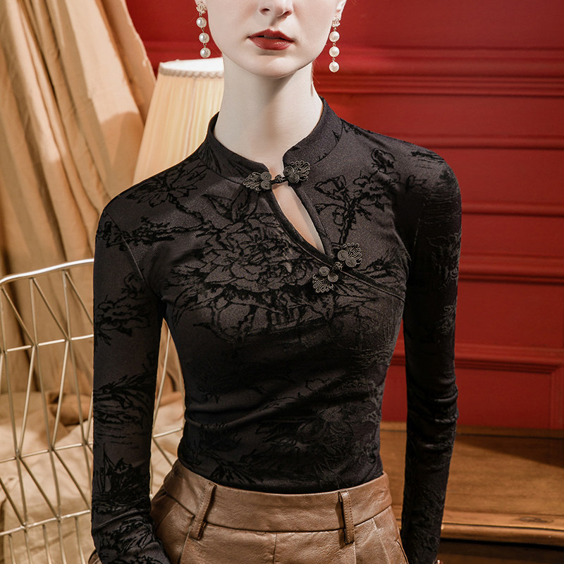 2025秋季新款中国风盘扣上衣女镂空洋气修身内搭黑色打底衫长袖,女装/女士精品,T恤,淘宝优惠券,粉丝福利购,淘宝优惠卷