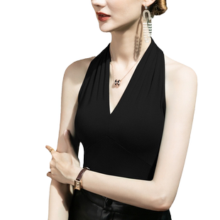 2026春季新款V领莫代尔挂脖T恤女无袖露肩背心性感女装韩版上衣