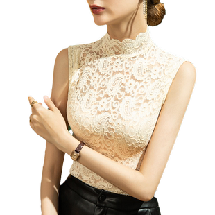 2025秋季高领蕾丝打底衫女修身洋气无袖内搭立领T恤春夏加绒背心