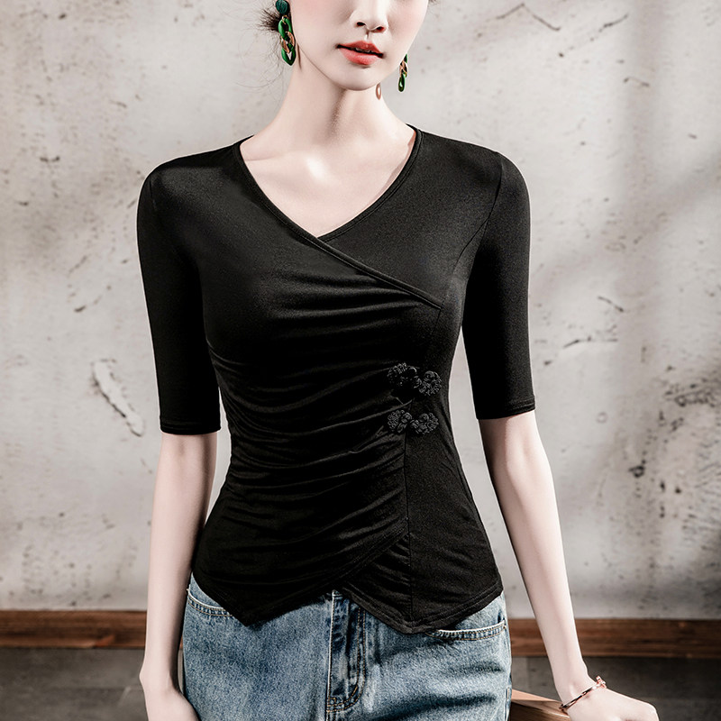 2025秋季新款V领上衣女五分袖盘扣装饰国风女装中袖黑色褶皱T恤,女装/女士精品,T恤,淘宝优惠券,粉丝福利购,淘宝优惠卷