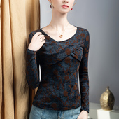 修身 2026春季 女长袖 设计感网纱印花打底衫 植绒气质蕾丝上衣 新款