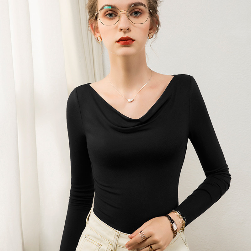 2025秋季黑色莫代尔纯色一字领打底衫女长袖小衫修身女装韩式T恤,女装/女士精品,T恤,淘宝优惠券,粉丝福利购,淘宝优惠卷