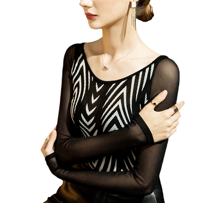 春季女网性感低领洋气长袖蕾丝