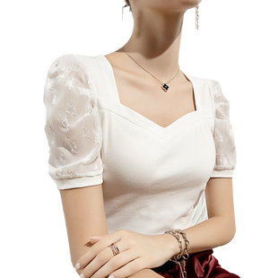 2026春夏雪纺提花T恤女短袖泡泡袖纯色洋气方领夏装上衣欧洲站