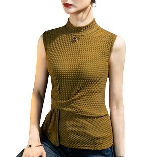 2026秋季新款立领蕾丝打底衫女无袖设计感格子洋气背心欧洲站上衣