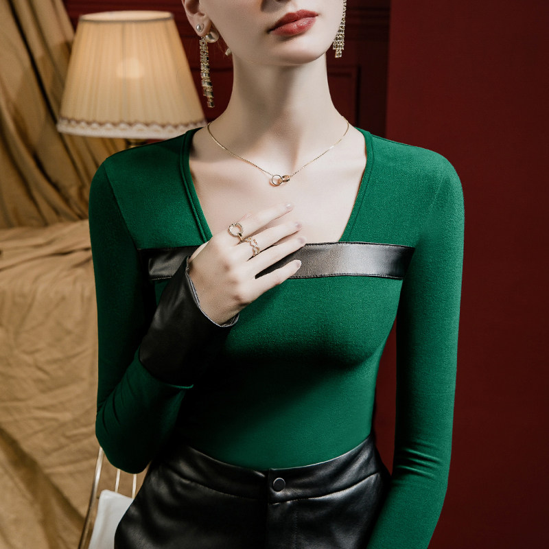 2025秋季新款方领磨毛打底衫女喇叭袖春款内搭洋气皮拼接时尚小衫,女装/女士精品,T恤,淘宝优惠券,粉丝福利购,淘宝优惠卷