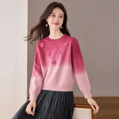 立体花朵圆领渐变色毛衣女秋冬时尚宽松可外穿内搭打底衫减龄上衣