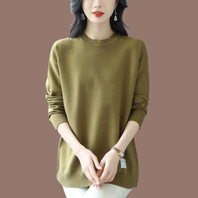 中年妈妈圆领针织羊毛衫女上衣时尚宽松加肥加大码中长款遮肚毛衣